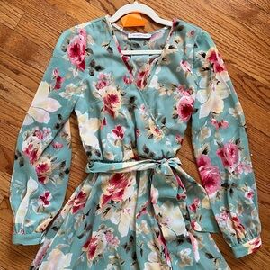 The Vanity Room Floral Longsleeve Wrap Dress - Blue and Pink